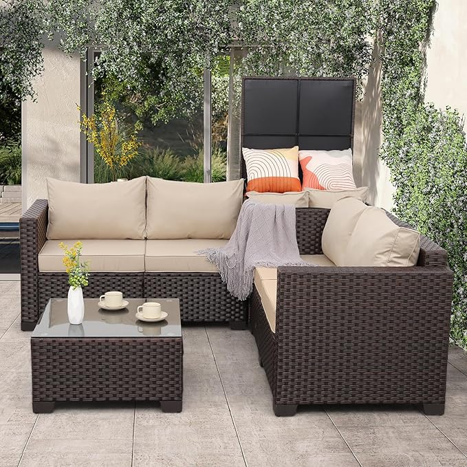 WAROOM Patio Furniture Set 4 Piece Conversation Sets Brown Rattan Outdoor Couch Loveseat Wicker Sectional Sofa with Storage Box Glass Top Table, Khaki Cushion
