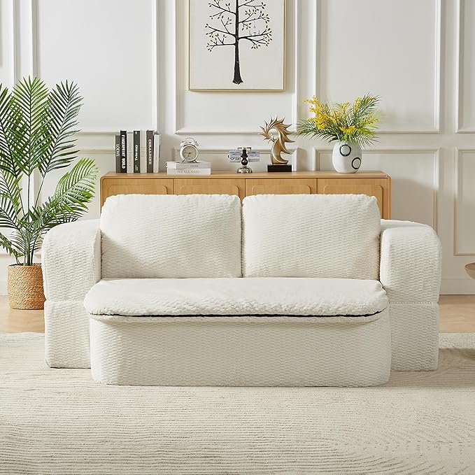 KEIKI 74.8'' Convertible Sleeper Sofa Bed, Modern Folding Futon Couch with Cushion Blanket, Floor Foam Compression Sofa Bed Couch for Living Room, Bedroom, Apartment, No Assembly Required, Beige