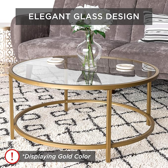 Best Choice Products 36in Modern Round Tempered Glass Accent Side Coffee Table for Living Room, Dining Room, Tea, Home Décor w/Metal Frame, Non-Marring Foot Caps - Gray