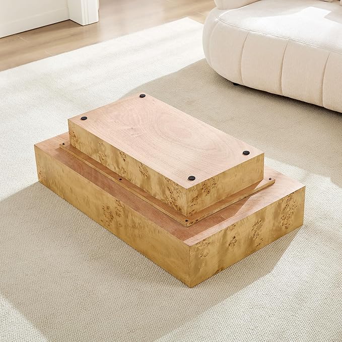 WILLIAMSPACE 43.31" Rectangle Coffee Table with Burl Wood Veneer & Sturdy Base, Modern Luxury Wood Drum Center Table Accent Side End Table for Living Room Apartment, Natural