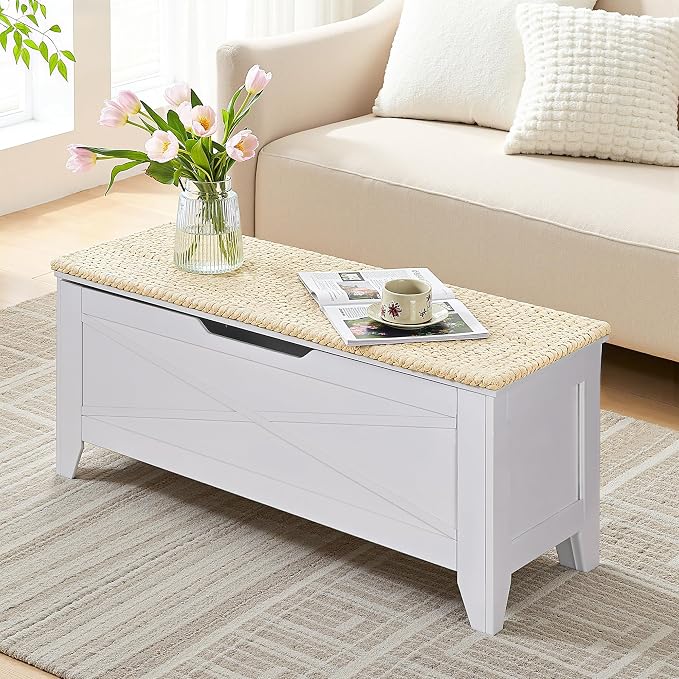 VECELO 43.3" Storage Bench, Entryway Shoe Ottoman, Farmhouse Style Bench with Handwoven Cushion and Metal Safety Hinges, for Bedroom, Living Room, Entryway, White - Image 3