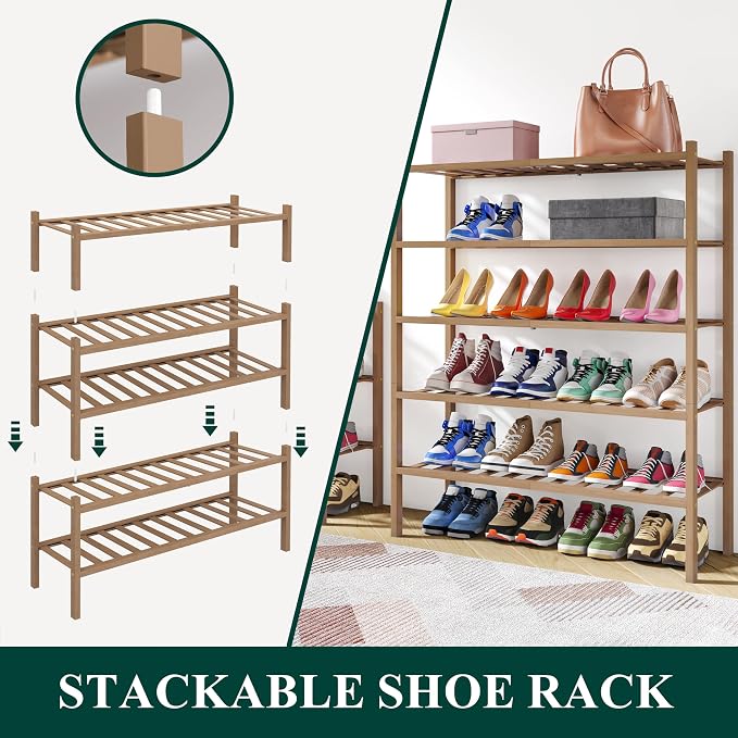 Smiry Shoe Rack, 2 Tier Thick Bamboo Shoe Organizer, Stackable Free Standing Wooden Shoe Storage Shelf for Closet, Entryway, Front Door Entrance, Walnut - Image 4