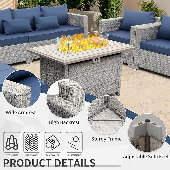WAROOM Patio Furniture Set 5 Piece Outdoor Furniture with Fire Pit Table, Grey Wicker Sectional Sofa Couch Sets Backyard Deep Seating PE Rattan Chairs with Navy Blue Cushion