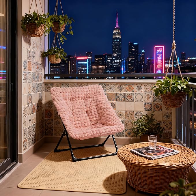 HollyHOME X-Large Saucer Chair, Comfy Oversized Folding Chair, Faux-Fur Reading Chair for Teens, Adults, Foldable Accent Lazy Chair, Metal Lounge Chair for Living Room, Bedroom, Dorm, Grid Pink