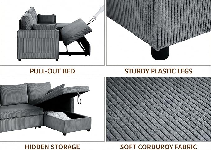 Casaphoria 85" Corduroy Sleeper Sofa with Pull Out Bed & Storage Chaise, L-Shaped Sectional Couch for Small Apartment, Living Room & Guest Room, 3-Seat Convertible Sofa Bed, Dark Gray