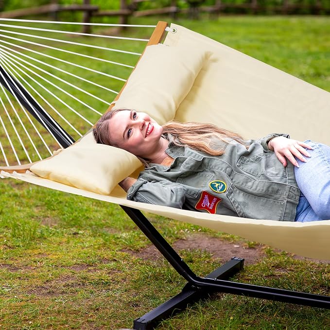 SUNCREAT Hammocks for Outside with Stand Included, Double Hammock with Curved Spreader Bar, Carrying Bag, Beige - Image 2