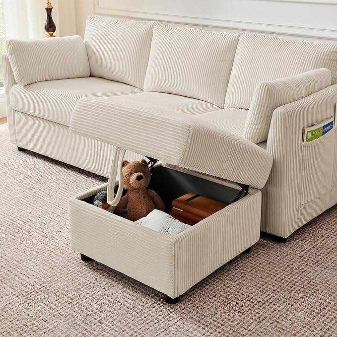 79" L Shaped Couch with Storage Ottoman, 3 Seater Corduroy Sofa with 2 Pillows and Storage Pockets, Small Modern Couches for Living Room, Apartment, Small Spaces, Home Office, Cream White