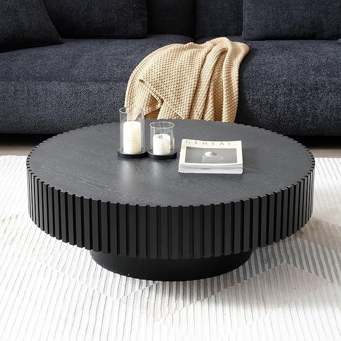 WILLIAMSPACE 31.49" Black Round Coffee Table, Modern Luxury Wood Circle Drum Center Table for Living Room, Accent Side End Table for Apartment, ø31.49'' x 13.77''H (Black)