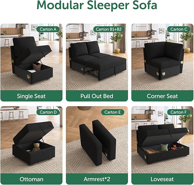 HONBAY Storage Ottoman Module for Sectional Sleeper Sofa with Pull Out Bed, Movable Footrest Ottoman for Modular Couch, Velvet Black