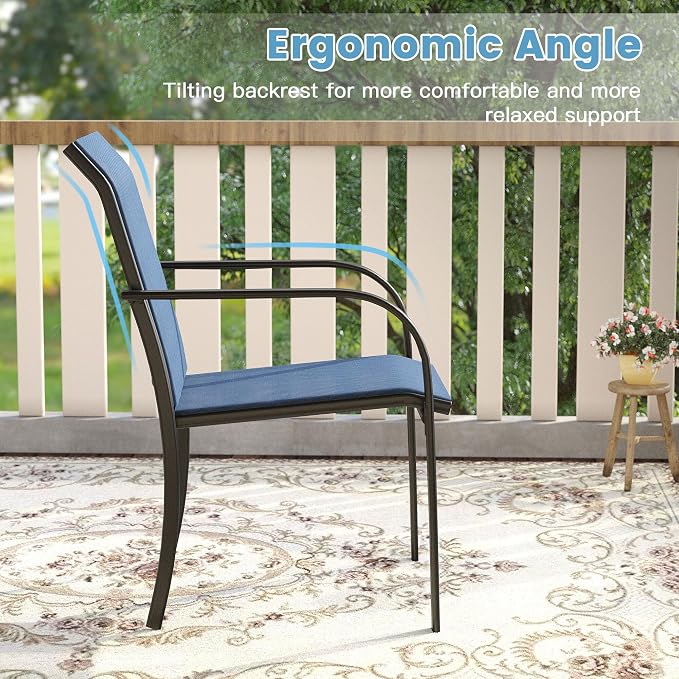 DIFY 5 Pieces Outdoor Patio Dining Set for 4, 40.2" Black Square Metal Dining Table and 4 Blue Stackable Textilene Patio Chairs, Outdoor Table and Chairs for Backyard Garden Poolside - Image 7