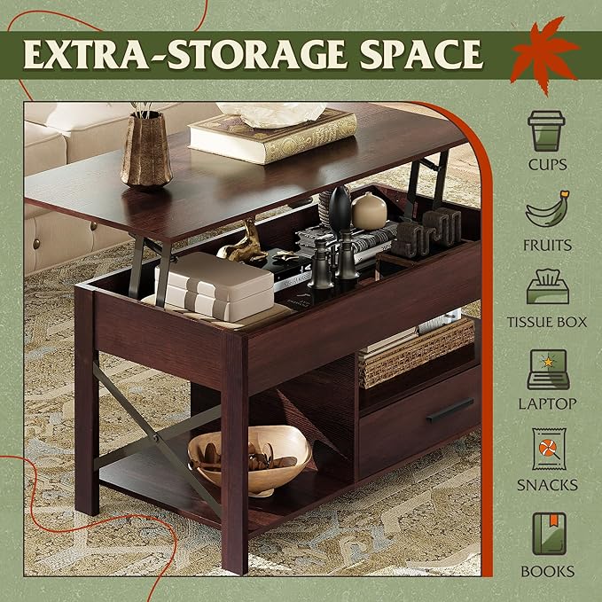 WLIVE Coffee Table, 39" Lift Top Coffee Table with Hidden Compartment, Storage Drawers and Storage Shelf for Living Room, Reception Room, Espresso