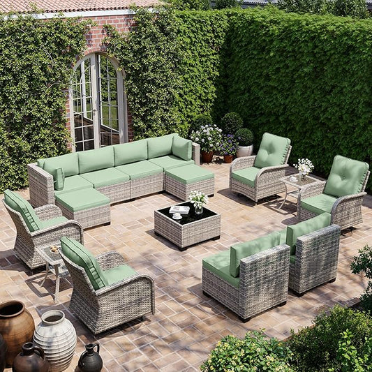 15-Piece Outdoor Patio Furniture Set with Rocking Swivel Chair, Wicker Rattan Sectional Sofa Conversation Set with Tempered Glass Table with Ottomans, Backyard Furniture, Light Green