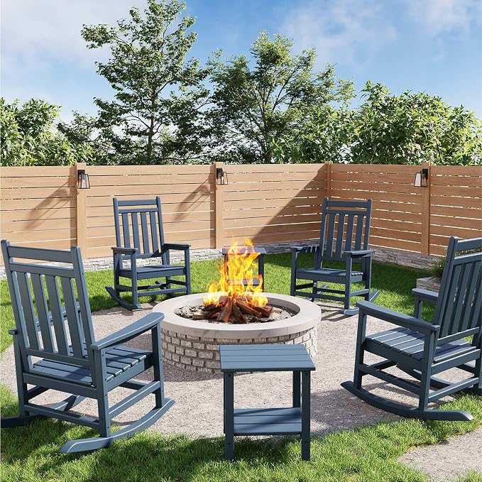 Garvee HDPE Rocking Chair Outdoor Set of 4 with 2 Side Table - Poly High Back Porch Rocker Chairs for Adults - All Weather Resistant Furniture for Patio Front Porch - Navy Blue by Garvee