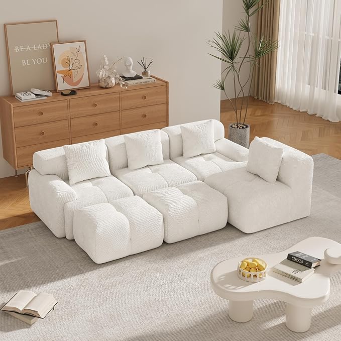 135" U-Shaped Compressed Sectional Cloud Sofa, Flannel Upholstered Modular Tufted Sofa with 6 Pieces, Symmetrical Boneless Foam Modular Cloud Couches for Living Room