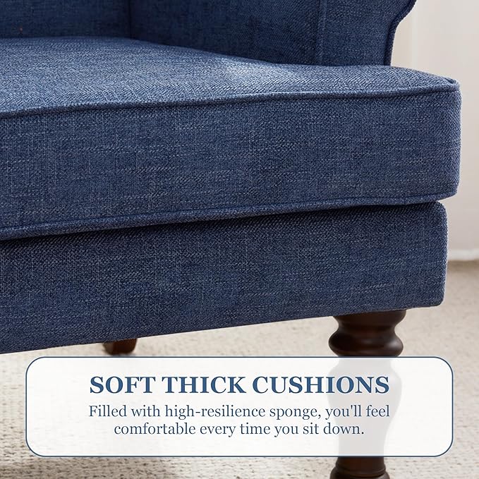 HUIMO Printed Wingback Accent Chair, Linen Upholstered High Back Armchair, Comfy Reading Chair for Living Room Bedroom Study, 300lbs Weight Capacity (1, Navy Blue)