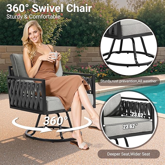 Weaxty Modern Patio Furniture Set 6 Piece, Rope Outdoor Patio Conversation Sets Sectional Sofa Swivel Chairs Table Ottoman, All Weather Metal Balcony Furniture for Backyard Garden, Grey