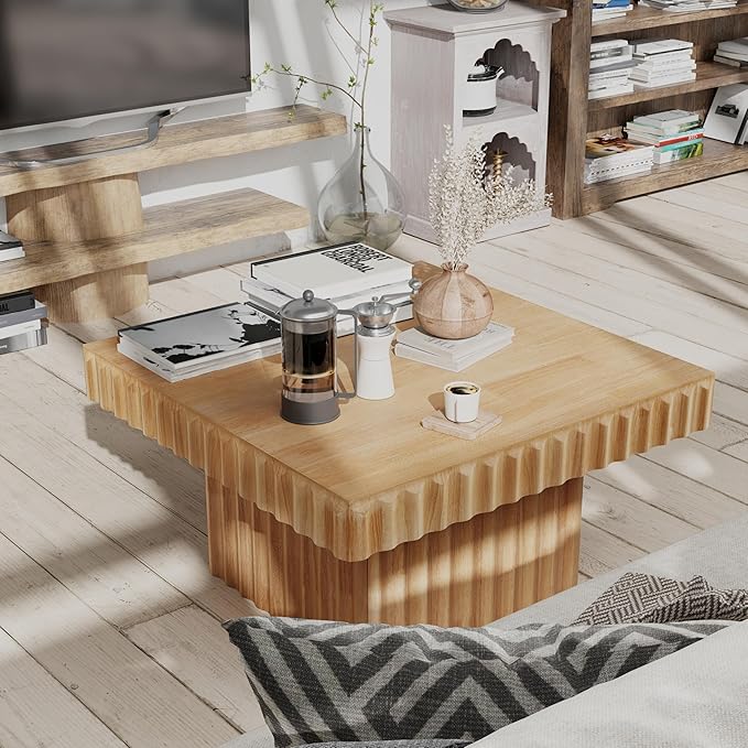 COZAYH Modern Square Fluted Wood Coffee Table with Natural Oak Finish, Geometric Accent Table Chunk Table for Living Room, Sturdy Rectangular Minimalist Centerpiece, Brown, Farmhouse