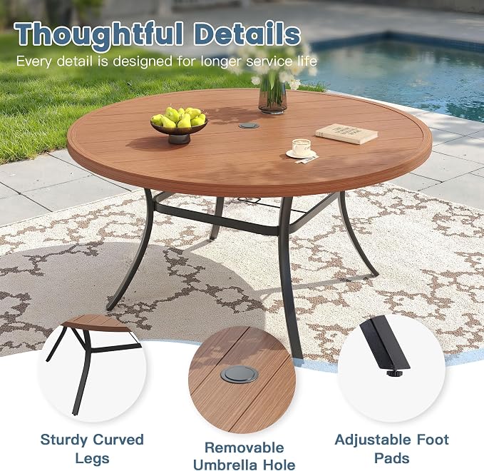 DIFY Outdoor Dining Set for 8, Patio Dining Furniture Set Includes 53" Walnut Round Table with Adjustable Umbrella Hole and 8 Brown Stackable Metal Chairs for Poolside, Garden, Backyard - Image 2