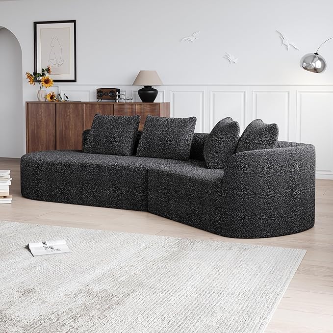 112" Modern Cloud Sectional Sofa, Chenille 4-Seater Curved Couch with 4 Pillows, Extra Deep & Wide Seat, No-Assembly Compressed Upholstered Living Room Sofa for Bedroom,Apartment,Black Right
