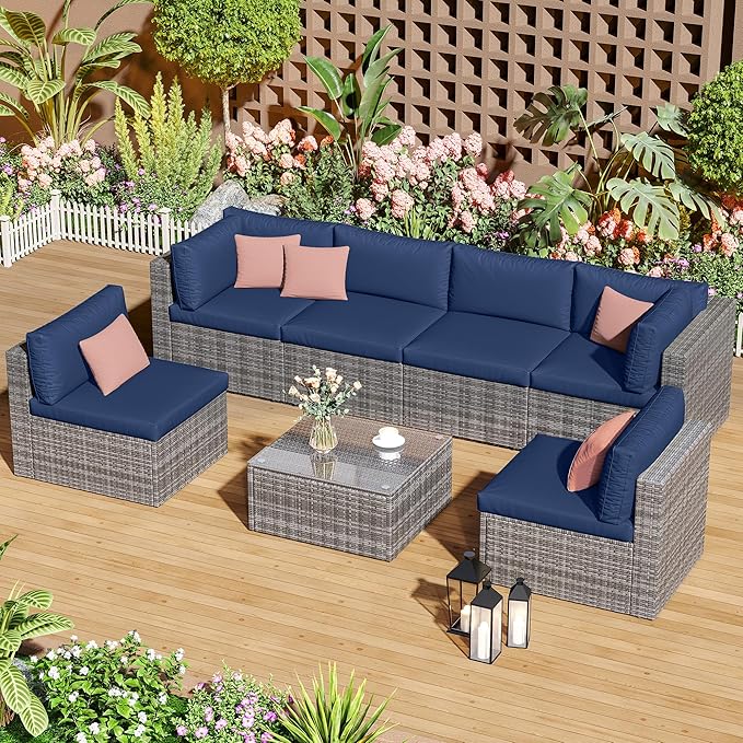 SUNVIVI OUTDOOR 7 Piece Patio Furniture Sets All Weather Gery PE Wicker Couch Sofa with Glass Table, Removable Navy Cushions