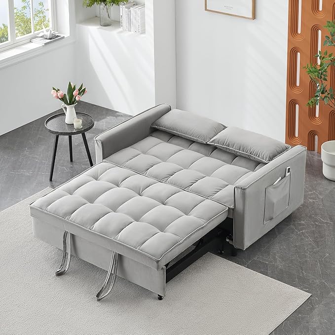 55" Modern Velvet Loveseat Sleeper Sofa, 3-in-1 Convertible Pull-Out Bed with Adjustable Backrest, 2 Pillows & Side Pockets, Small Pull Out Couch for Living Room, Apartment(Gray)