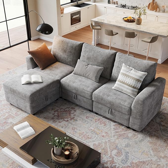 L-Shape Sectional Sofa with Storage, 108" Modular Cloud Couch, 4-Seater Sofa Bed with Ottoman, Chenille Fabric with Hidden Storage for Small Spaces(Gray 4-Seater)