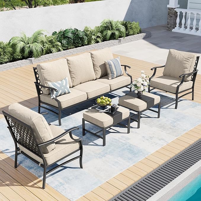Patio Furniture Set, Modern Metal Outdoor Patio Furniture, 3 Seater Sofa, 2 Fixed Chairs, 2 Ottomans and 5.75" Extra Thick Cushion, Patio Conversation Set for Garden Backyard Deck