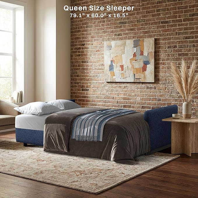 Serta® Vail 86" Convertible Sleeper Sofa, Queen Size, Wall-Hugging Dreamglide Mechanism, Dreamcoil Comfort, Boucle Fabric, Navy Blue