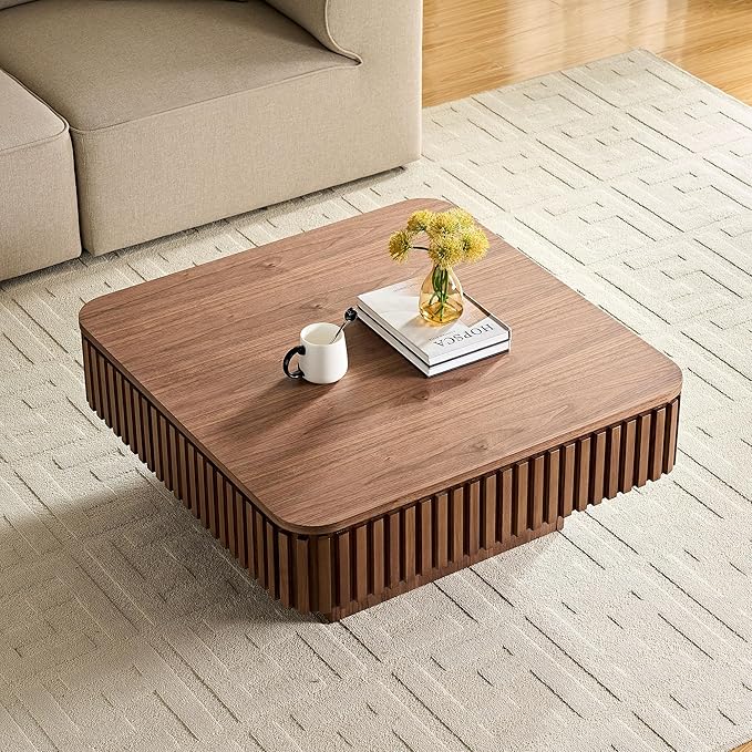 Square Lift Top Coffee Table with Storage for Living Room Office, Modern Fluted Coffee Table, 35.43" Wood Dining Center Tables with Large Hidden Space - Walnut