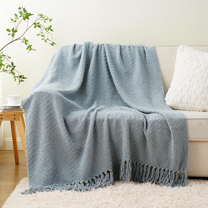 BATTILO HOME Blue Grey Throw Blanket for Couch, Chenille Knit Throw Blankets, Super Soft Dusty Blue Throw Blanket with Tassels for Bed,Sofa and Living Room,50" x 60"