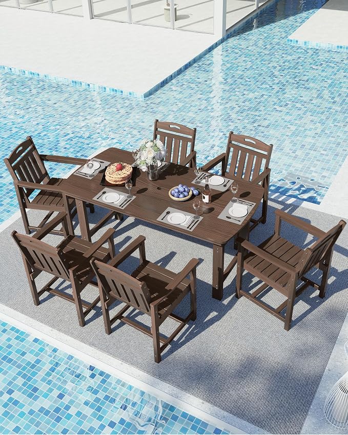 Ciokea HDPE Outdoor Dining Set, 7-Piece Patio Table and Chairs Set with Umbrella Hole, All-Weather Patio Dining Sets for 6, Durable Patio Furniture for Backyard, Garden, Lawn & Poolside, Brown - Image 8