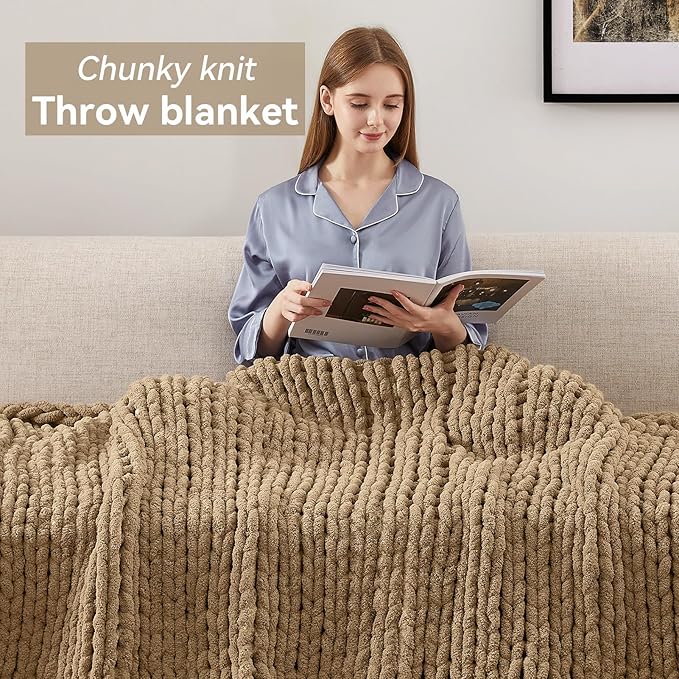 Negwoo Chunky Knit Throw Blanket, 50''*60'' Knitted Throw Chenille Yarn for Bed Couch, Handmade Light Brown Crochet Big Thick Blanket, Machine Washable Cute Comfy Blanket for Home Decor