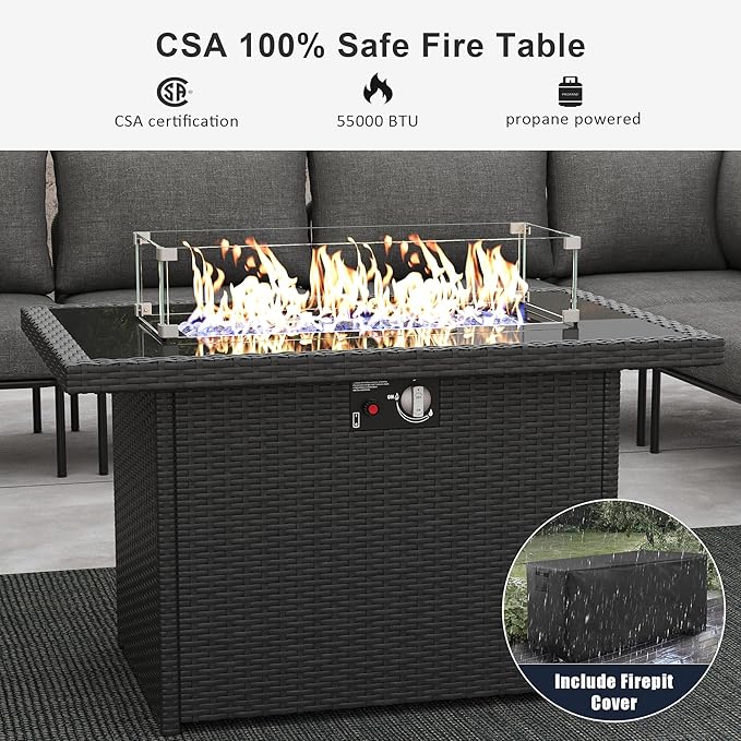 LayinSun 9 Pieces Aluminum Patio Furniture Set, Modern Modular Sectional Sofa with Fire Pit Table and Upgrade Thickness Cushion