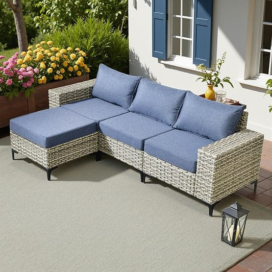 HOOOWOOO Outdoor Sectional Furniture Set,4 Pieces Wicker Patio Conversation Sets,L Shape All Weather Outside Couch Sofa with Ottoman,Denim Blue