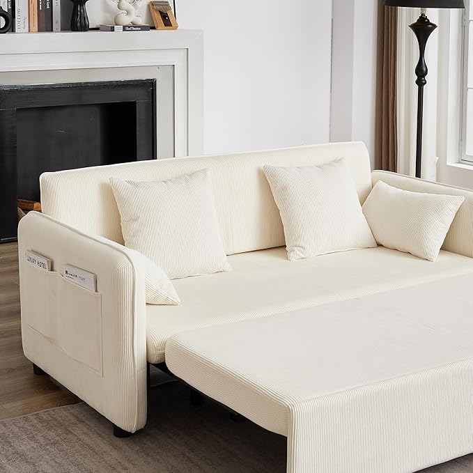 Ball & Cast 66" Convertible Sofa Bed,3-in-1 Corduroy Loveseat Sleeper Pull Out Couch Bed with Pillows and Side Pockets, Deep Seat Comfy Sofa Couches for Living Room,Apartment,Beige
