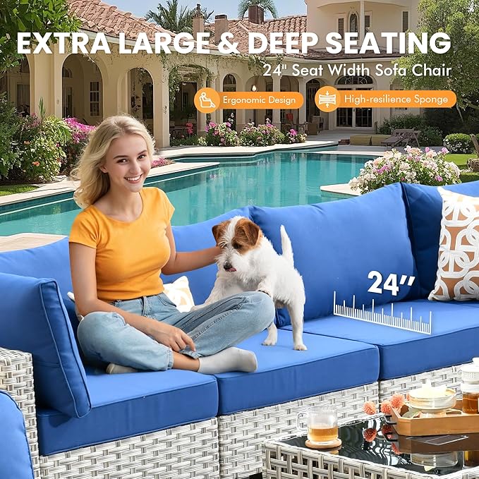 Outdoor Sectional Patio Furniture Set with Fire Pit Table and Swivel Rocking Chairs,11 Pieces Wicker Conversation Sets L Shaped Couch Out Door Sofa Outside Furniture for Garden Deck Yard,Navy Blue