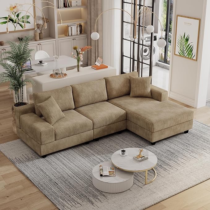 ERYE L-Shaped Reversible Chaise Sectional Sofa Corduroy Upholstered Corner Tufted Sofa Couch with Reversible Chaise Lounge,Headrests,Removable Armrests and 2 Pillows