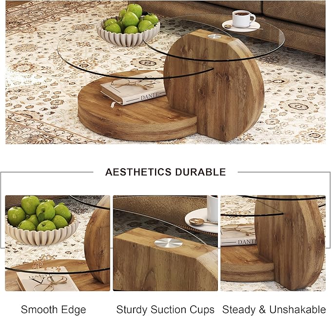 42" Glass Coffee Table, Small Round Coffee Table, 2-Tier Tempered Glass Tabletop with Wooden Base, Modern Center Table for Living Room, Home, Apartment, Ideal for Small Space
