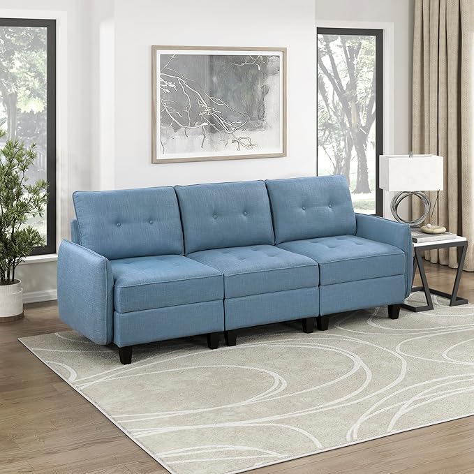 Lexicon Modern Couch with Hidden Storage, Textured Fabric Modular Sofa Couch with Button-Tufted Design, Reversible Back Cushion for Living Room/Bedroom/Office, Blue