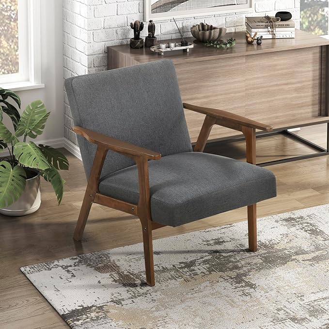 Lexicon Mid Century Modern Accent Chair, Upholstered Lounge Armchair, Single Sofa Seat, Brown Finish Solid Wood Framed Comfy Side Chairs for Living Room/Bedroom/Office/Waiting Area, Dark Gray