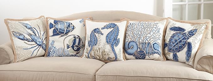 SARO LIFESTYLE Neptunian Coastal Throw Pillow – 20” x 20”, Woven Cotton Cover with Jute Trim, Zipper Closure, Down & Feather Insert – Seashell Medley, Navy Blue