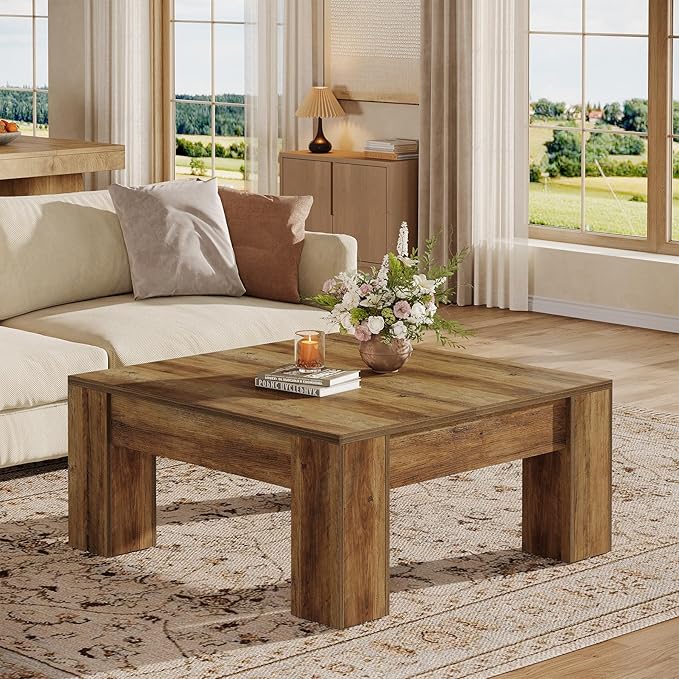Tribesigns Farmhouse Square Coffee Table, 39-Inch Wooden Coffee Table with Sturdy Legs, Rustic Accent Center Table for Living Room, Easy Assembly, Rustic Brown