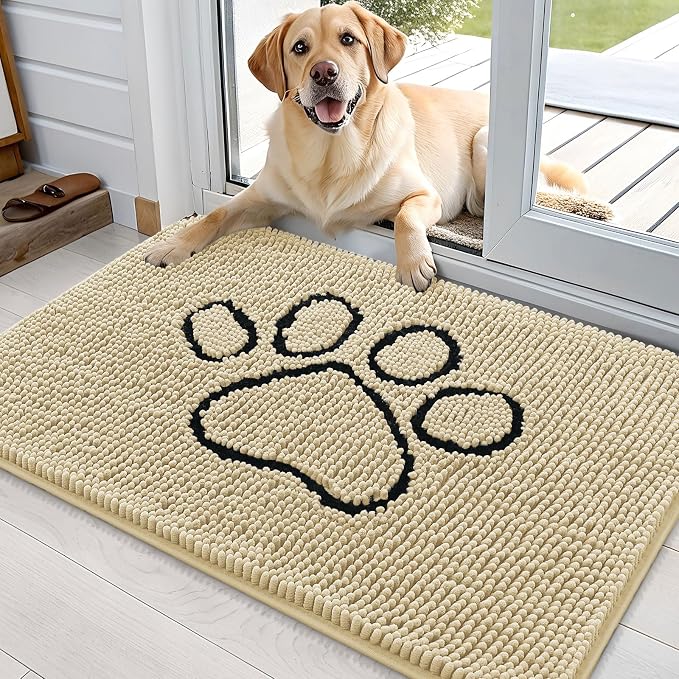 OLANLY Dog Door Mat for Muddy Paws 36x24, Paw Print Design, Absorbs Moisture and Dirt, Absorbent Non-Slip Washable Doormat, Quick Dry Chenille Mud Mat for Dogs, Entry Indoor Entryway Carpet, Sand by OLANLY