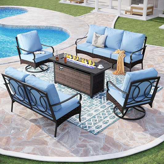 PHI VILLA Patio Furniture Set with 56" Fire Pit Table, Premium Outdoor Wicker Metal Frame Furniture with Upgraded Waterproof Thick Cushions for Porch, Poolside, Deck, and Yard （5 Pieces, Blue