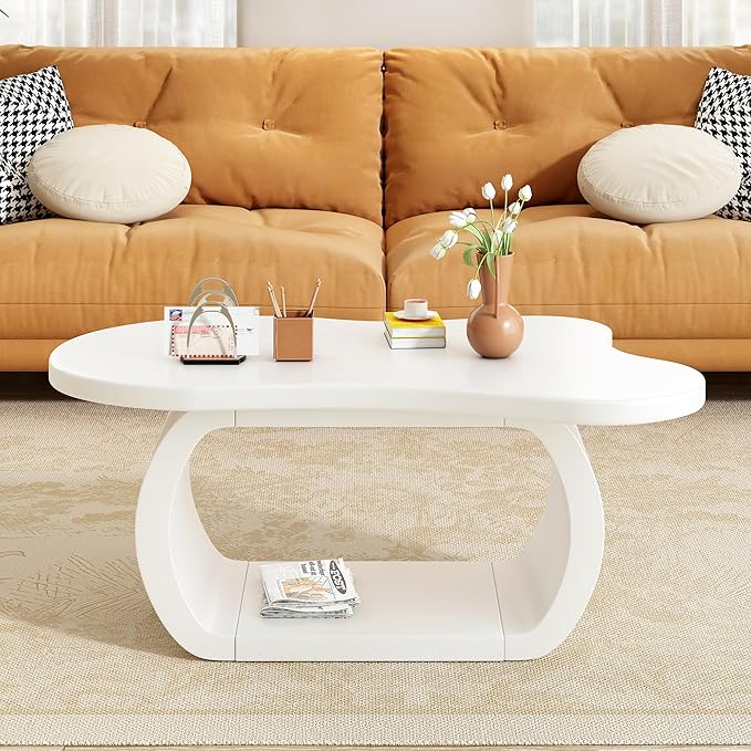 Merax Modern Cloud Coffee Table with Curved Legs, Wood Cream Style Irregular Center End Tables for Living Room, Reception Room, Apartment, Easy Assemble, White