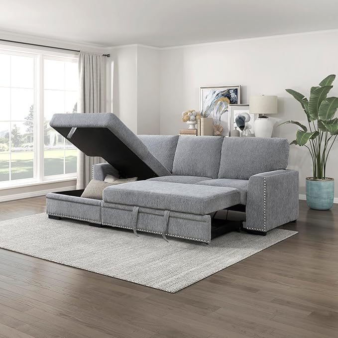Lexicon Mid Century Modern Sectional Sleeper Sofa Bed Couch with Storage Chaise, Sectional Sofa Pull Out Couch Bed, Sectional Couch Lounge Sofa for Living Room Apartment, Left Side Chaise, Gray