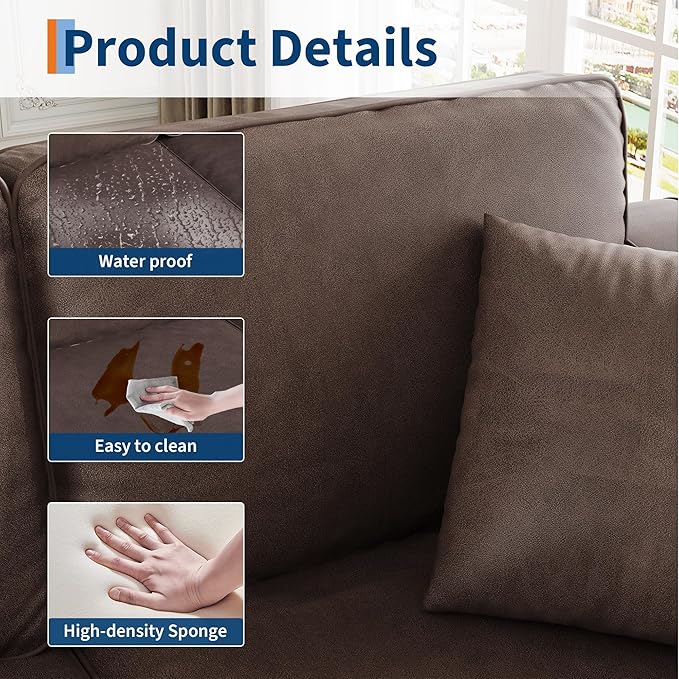 3-Seater Sofa Couch with 2 Throw Pillows, 85 Inches Faux Leather Couch with Wide Armrests, Deep Seats, Wood Legs, Back Cushion, Sturdy Support Feet, Couches for Living Room, Office, Dark Brown