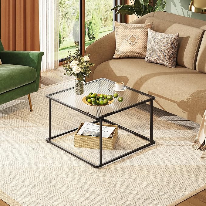 WLIVE Glass Coffee Table, Small Modern Coffee Table for Living Room with Wave Textured Glass & Metal Frame, Square Center Table for Small Spaces Apartment, Office, 26.4 x 26.4in, Dark Black