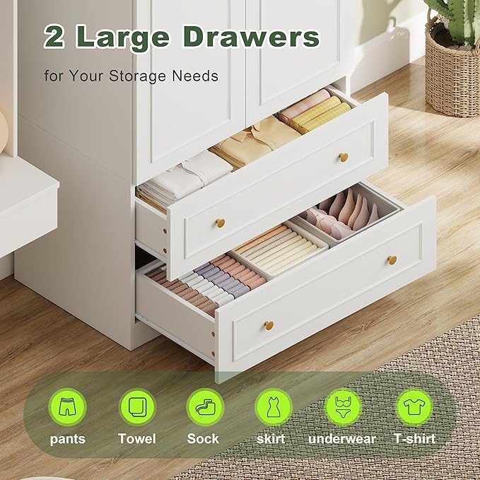 GOODONE Wooden Armoire Wardrobe Closet - 71" Tall Bedroom Armoires with 2 Doors and 2 Drawers, Modern Wardrobe Cabinet with Removable Hanging Rod, White