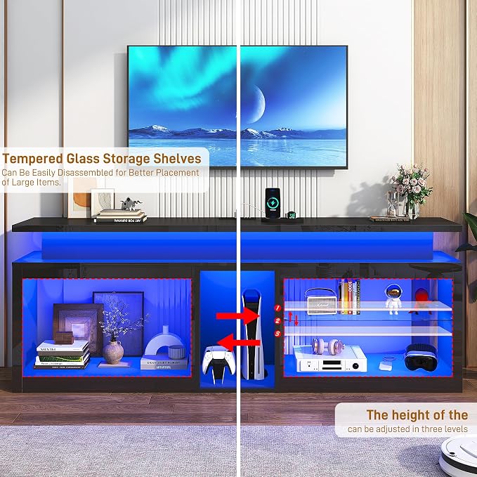71" LED TV Stand with Power Outlet,60-Colors LED Lights For 65 70 80 in TV,High Gloss Gaming Entertainment Center w/Adjustable Shelves,Black TV Console with Modern Design for Living Room Bedroom - Image 3